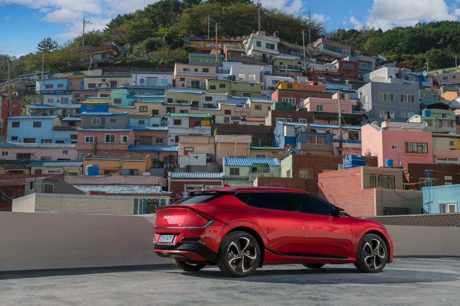 Red Kia EV6 in Town