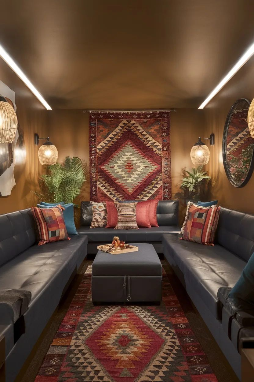 A cozy long narrow living room featuring a sectional sofa, decorative pillows, a storage coffee table, and a vibrant rug.