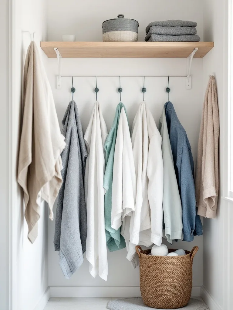 Narrow laundry room with hooks displaying colorful towels and a shelf above