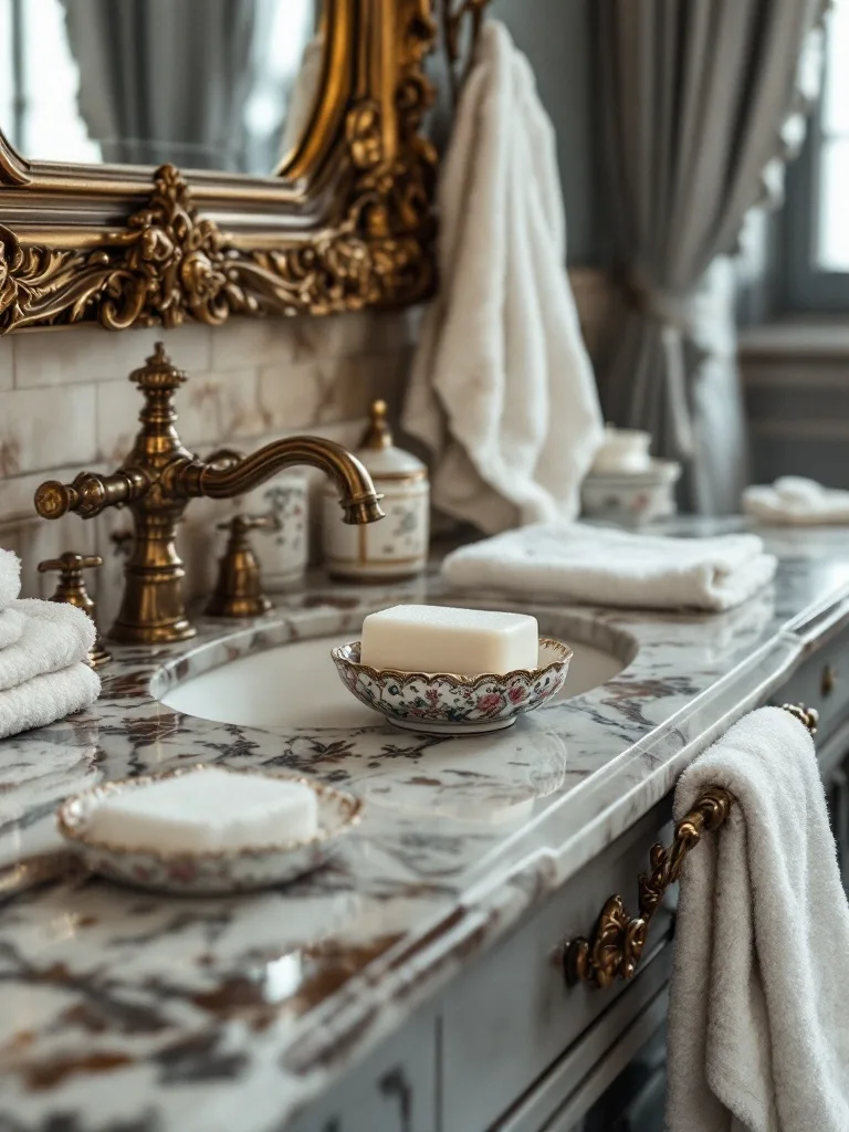 A Victorian bathroom with a marble sink, golden fixtures, and porcelain soap dishes