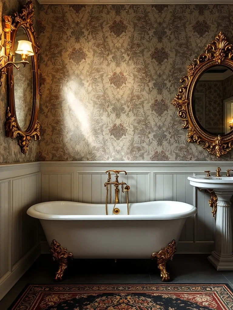 Elegant Victorian bathroom featuring a clawfoot bathtub and antique gold fixtures.