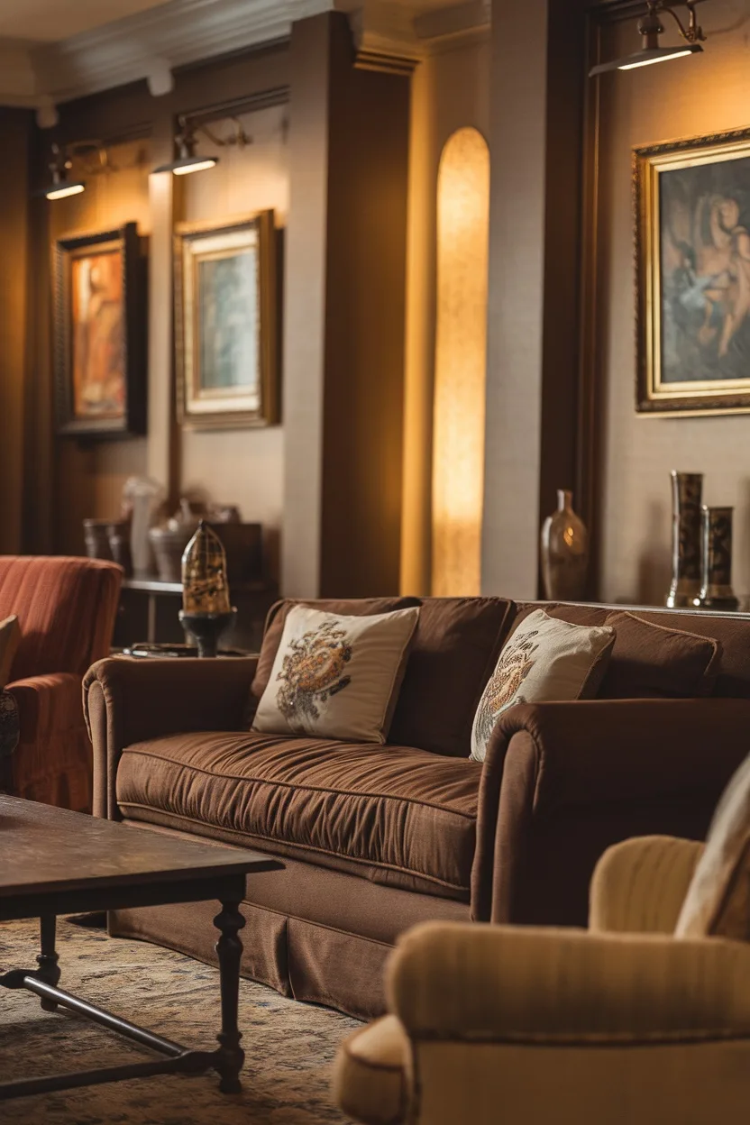 A stylish living room featuring a brown sofa with decorative pillows, warm lighting, and traditional decor.