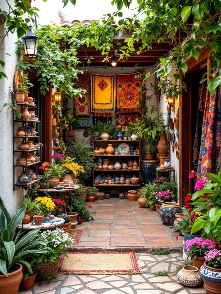 A vibrant Mexican patio with artisan clay pottery, colorful flowers, and beautiful textiles.