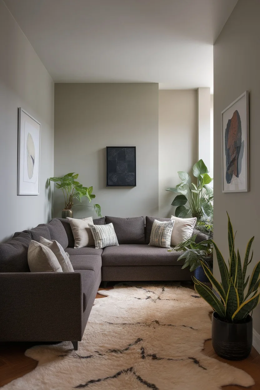 Stylish L-shaped sofa in a narrow living room with plants and decorative pillows.