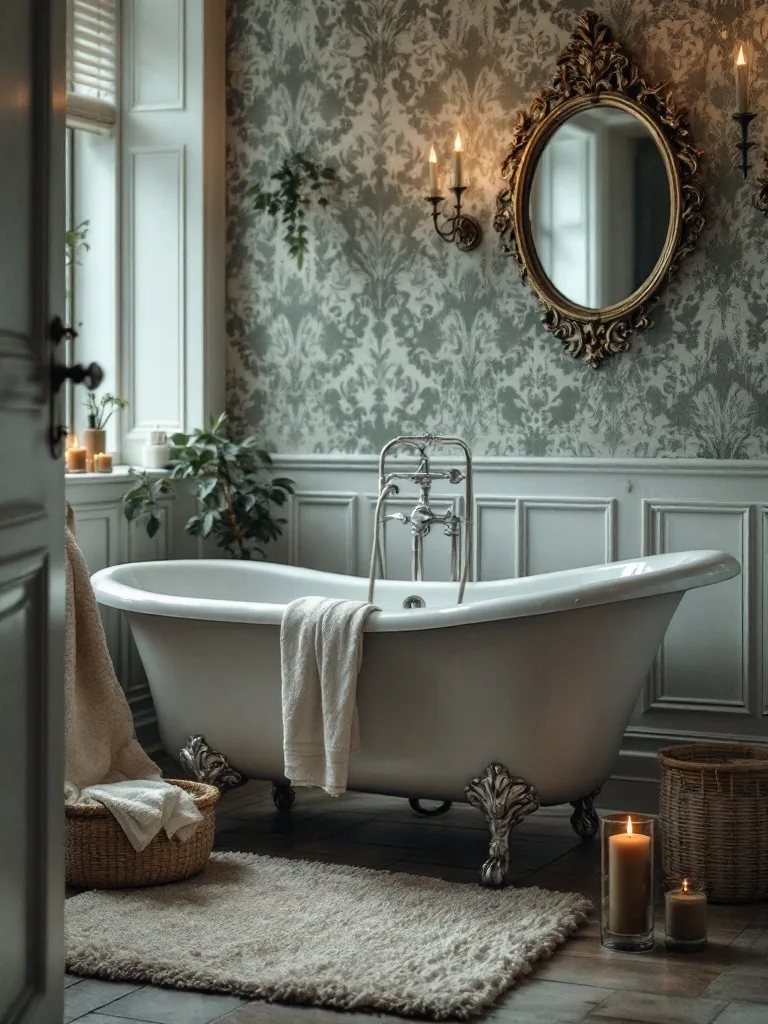 Victorian bathroom featuring a clawfoot tub, elegant lighting, and classic toiletries in glass jars.