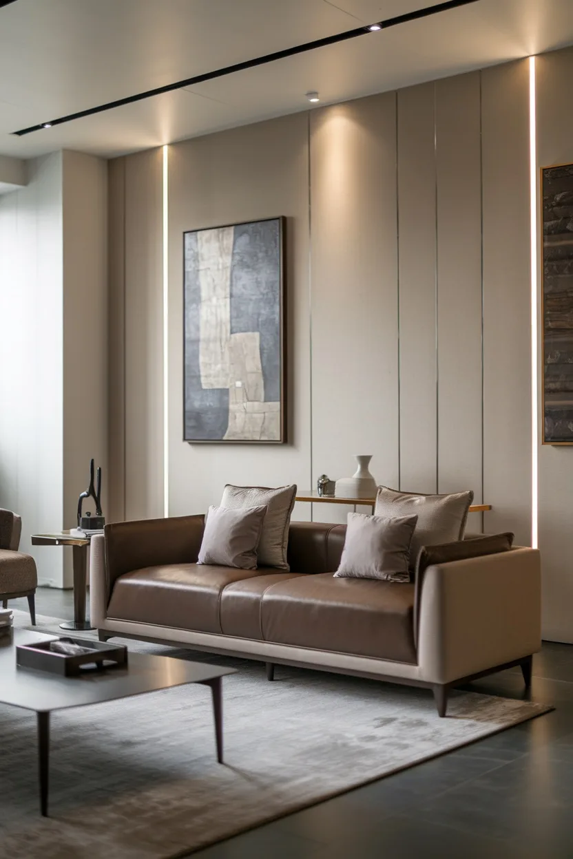 Contemporary living room featuring a brown sofa, grey rug, and minimalist decor.