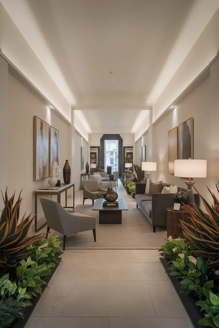 A stylish long narrow living room with a clear walkway framed by plants and thoughtfully arranged furniture.