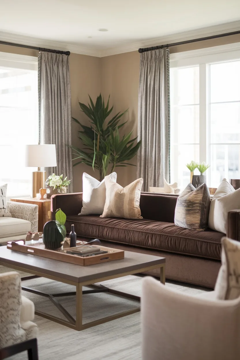 A cozy living room featuring a brown sofa with light-colored armchairs, a coffee table, and plants, showcasing contrast between light and dark furniture.