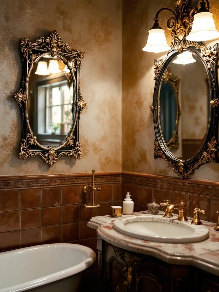 A Victorian bathroom featuring decorative wall mirrors with ornate frames, warm colors, and elegant fixtures.