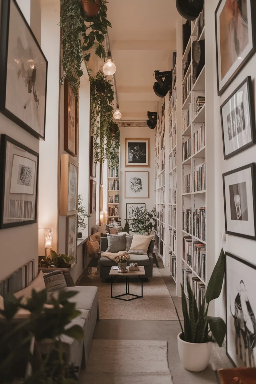 A long narrow living room with tall bookshelves, framed art on walls, and hanging plants