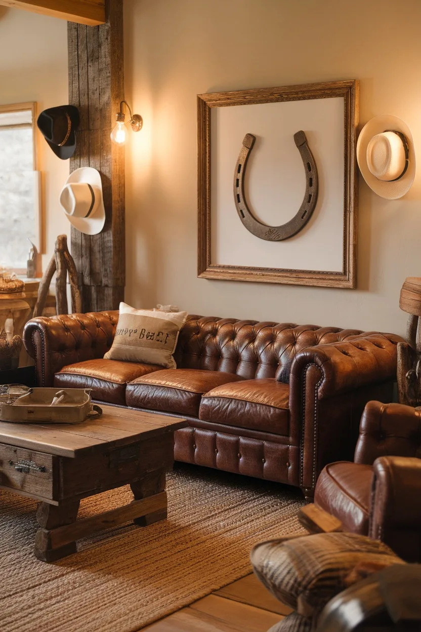 A cozy Western-themed living room featuring a brown sofa, rustic decor, and warm lighting.