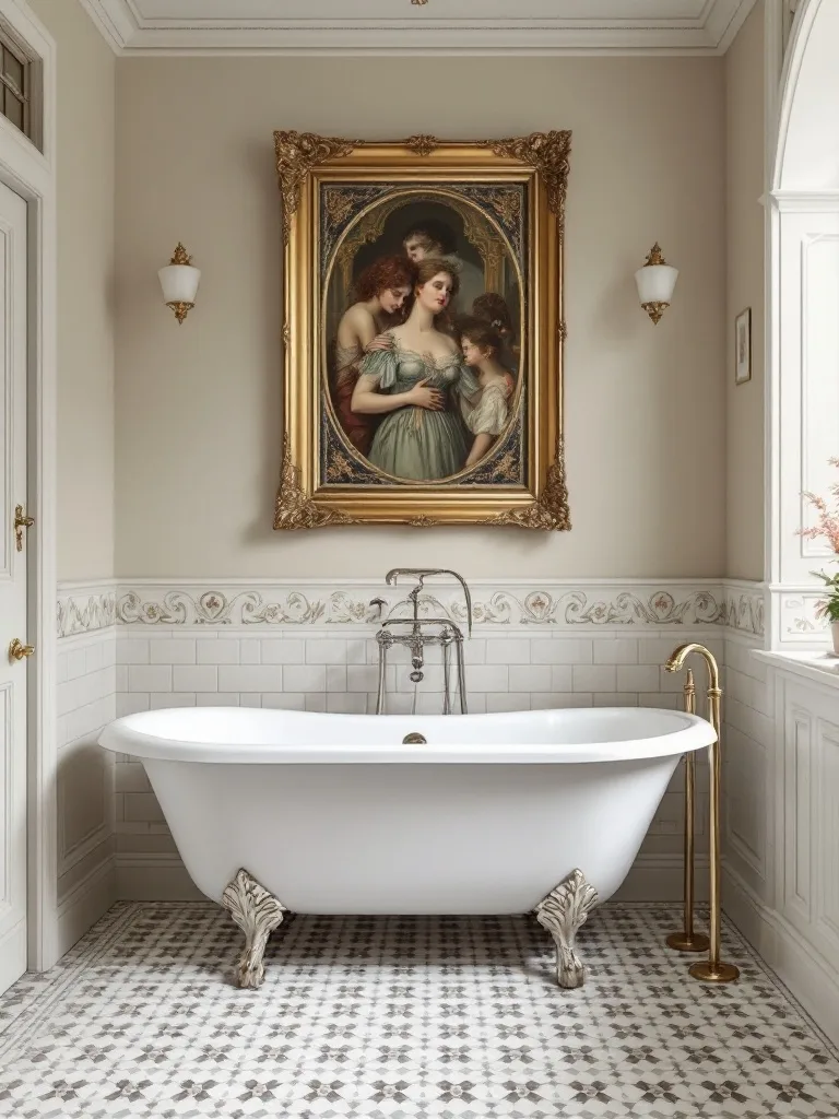 A Victorian bathroom featuring a clawfoot bathtub and a framed painting above it
