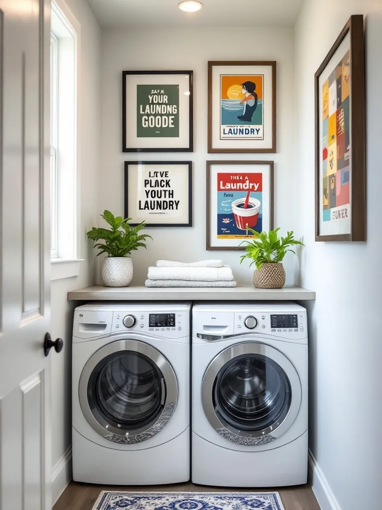 Narrow laundry room with wall art and plants, showcasing washer and dryer.