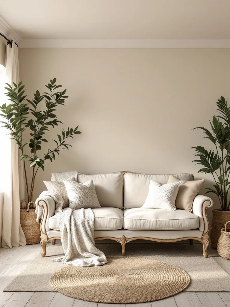 A cozy farmhouse living room with a light-colored couch, pillows, and plants.