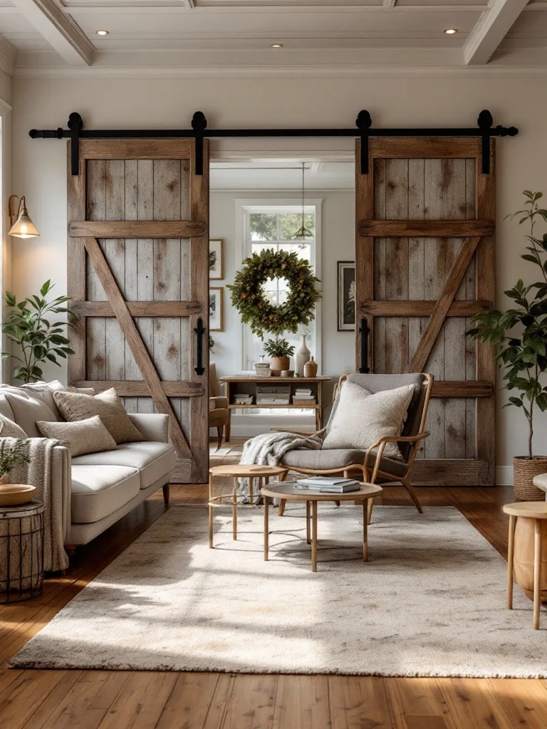 A farmhouse living room featuring rustic barn doors that add charm and style.