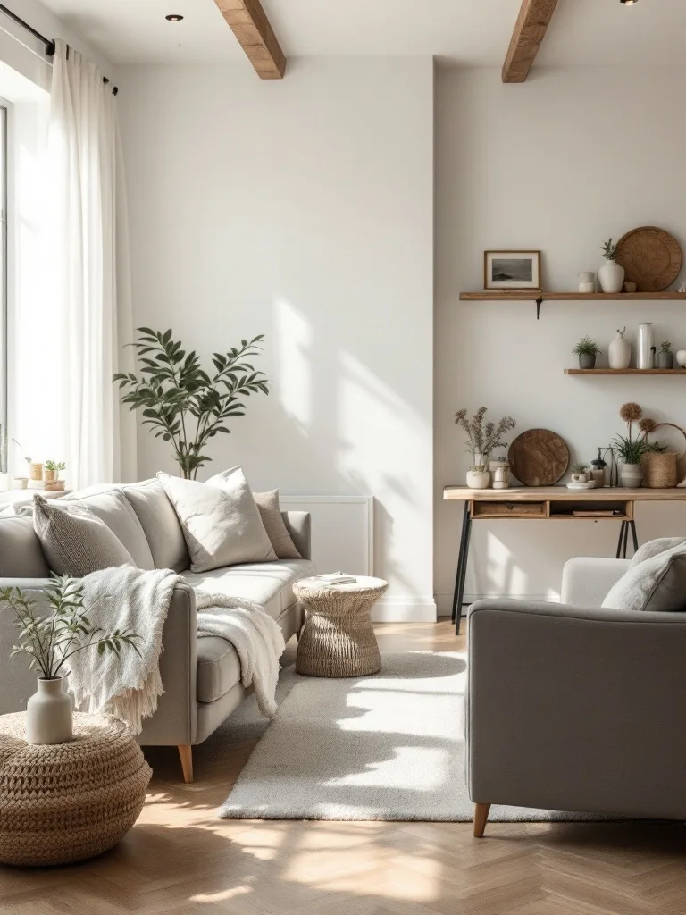 A bright and airy farmhouse living room with soft furniture and wooden accents.