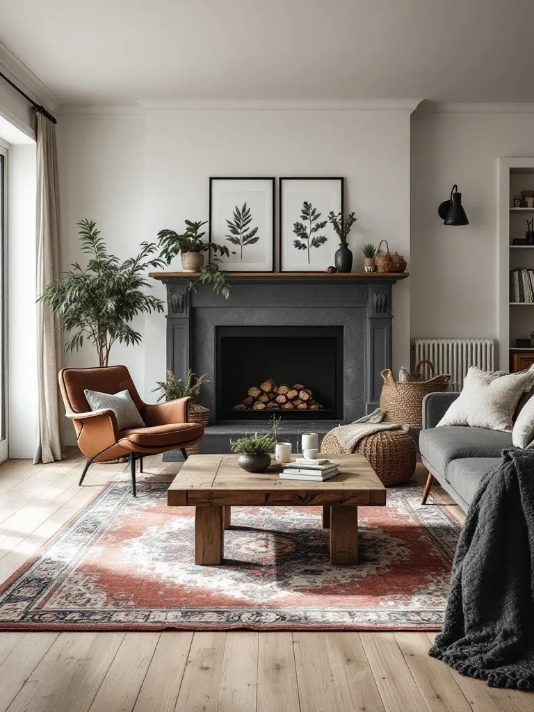 A stylish farmhouse living room featuring a dark fireplace, light furniture, and a vibrant area rug.