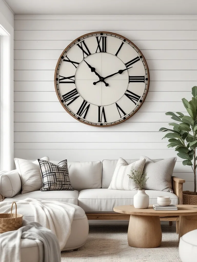 A cozy farmhouse living room featuring an oversized clock on a white shiplap wall.