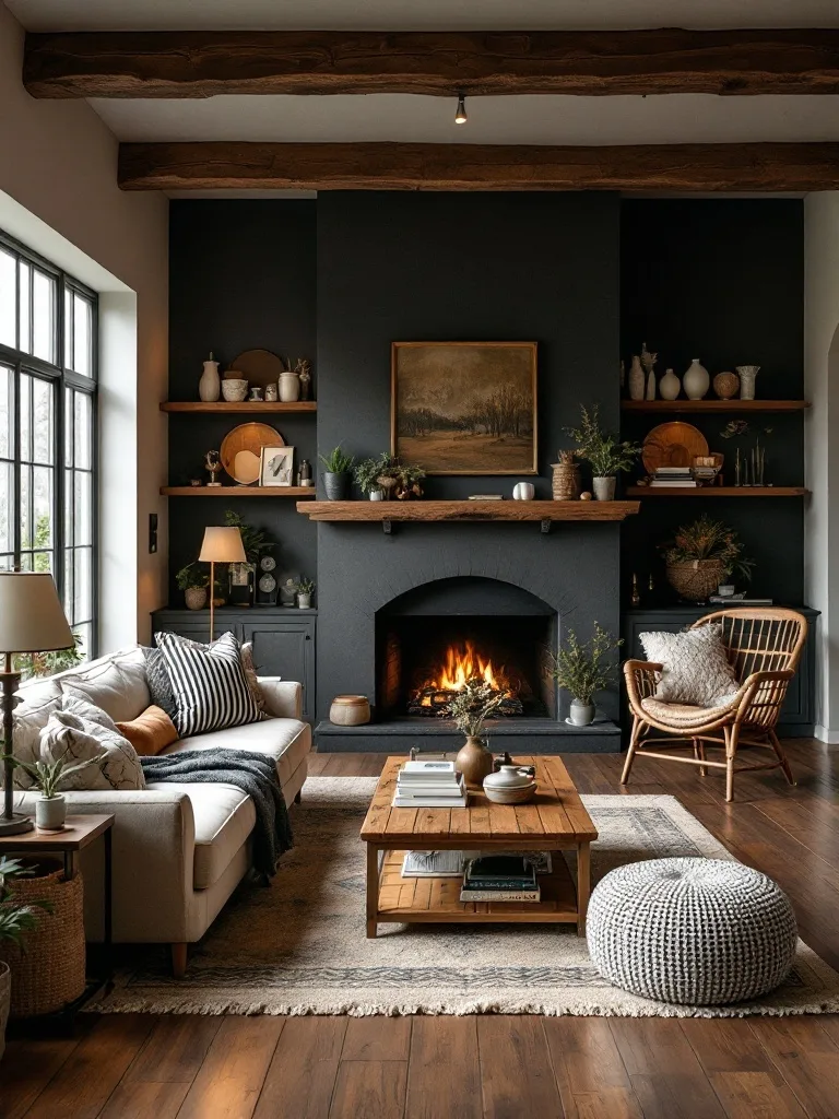 A cozy farmhouse living room featuring dark wood accents, a fireplace, and comfortable seating.