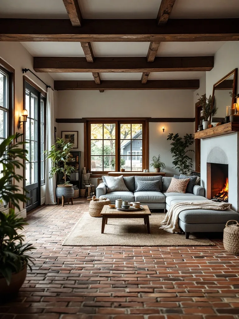 A cozy farmhouse living room featuring brick floor tiles, a comfortable sofa, and warm wooden accents.
