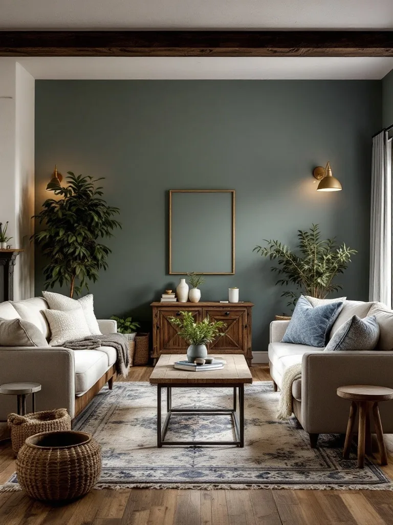 A cozy farmhouse living room with moody green walls, white sofas, and a wooden coffee table.