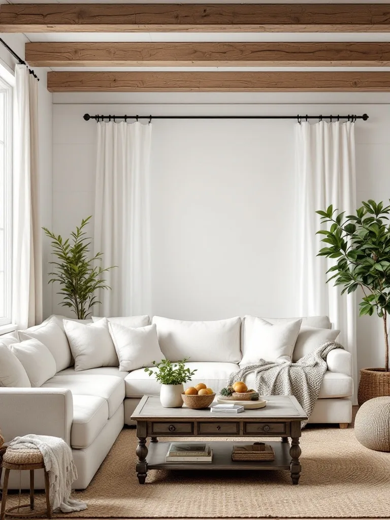 A bright farmhouse living room with white walls, a comfortable sectional sofa, and a rustic coffee table.
