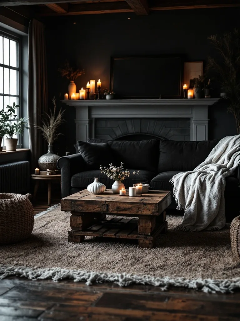 Cozy farmhouse living room with dark walls, candles, and rustic decor.