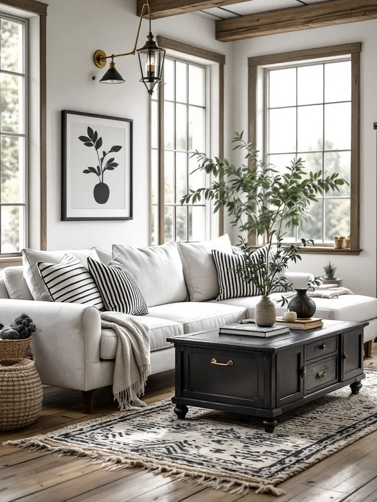 Modern farmhouse living room with black and white color scheme