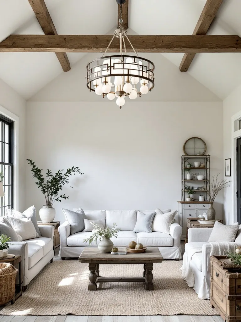 A bright farmhouse living room with a classic chandelier hanging from the ceiling, featuring white sofas and natural decor.