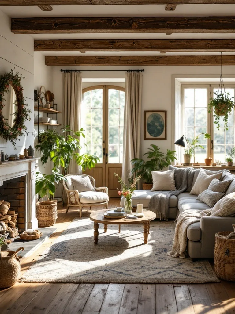 Cozy farmhouse living room with vintage furniture and natural light.