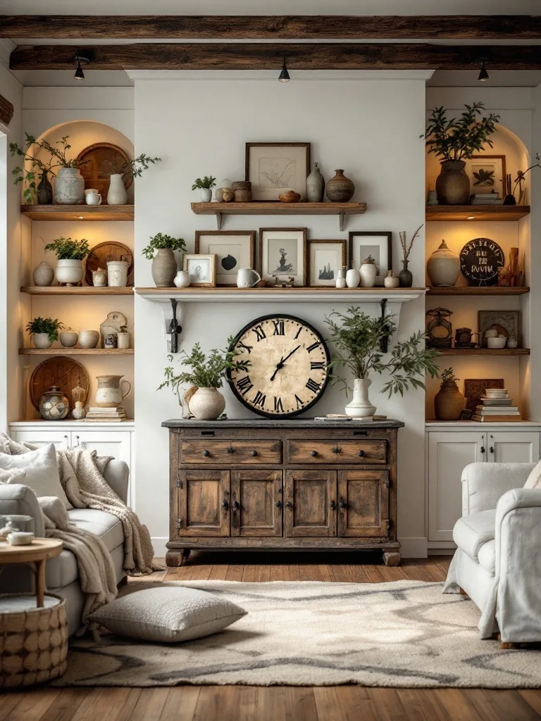 A cozy farmhouse living room with shelves displaying collectibles and decorative items.