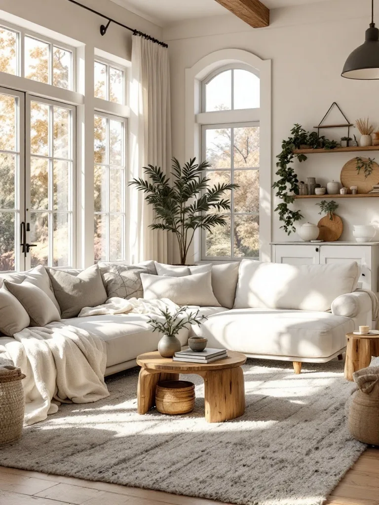 A cozy farmhouse living room with a neutral color palette, featuring a light sofa, wooden furniture, and large windows.