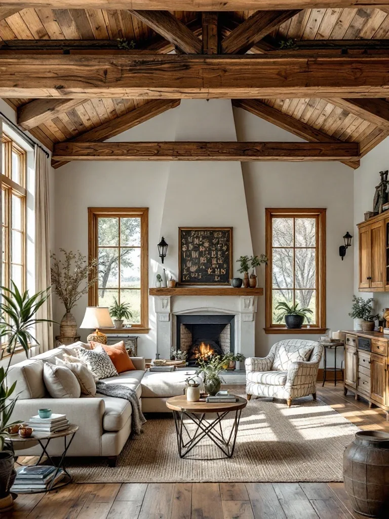 A cozy farmhouse living room with an exposed wood ceiling, featuring a fireplace and comfortable seating.
