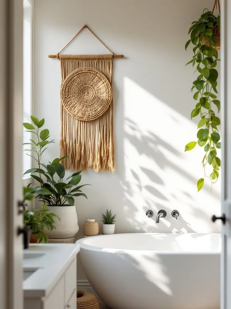 A boho bathroom featuring woven wall art, a freestanding bathtub, and potted plants.