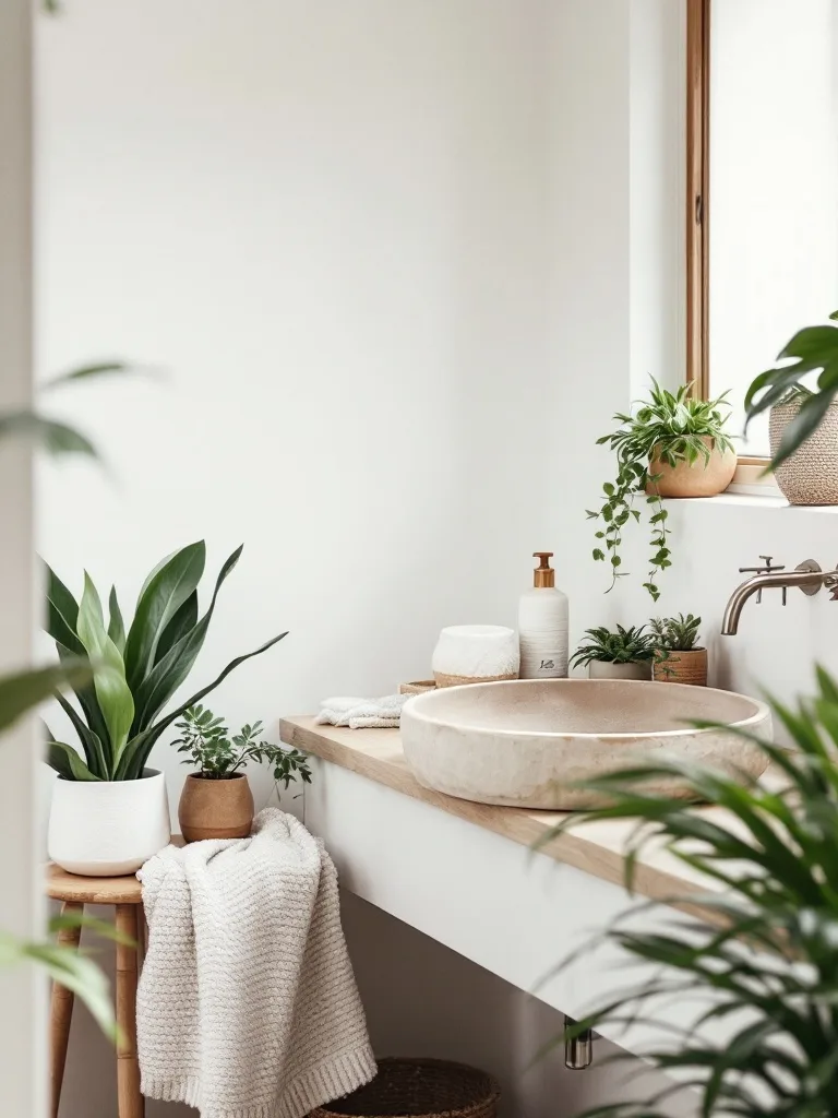 A boho bathroom featuring handmade ceramics, plants, and a wooden countertop.