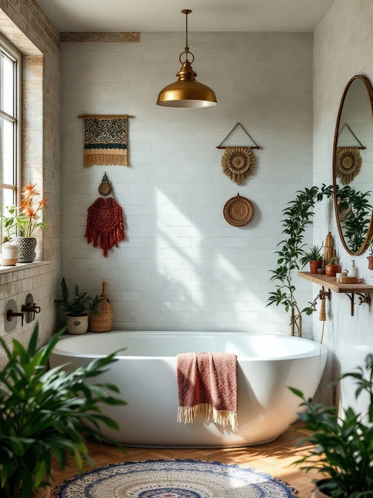 A cozy boho bathroom with a freestanding tub, plants, and colorful wall decor.