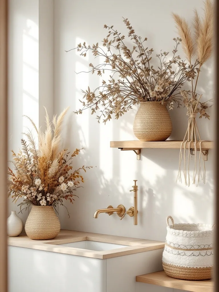 A boho bathroom featuring dried plants in vases on wooden shelves.