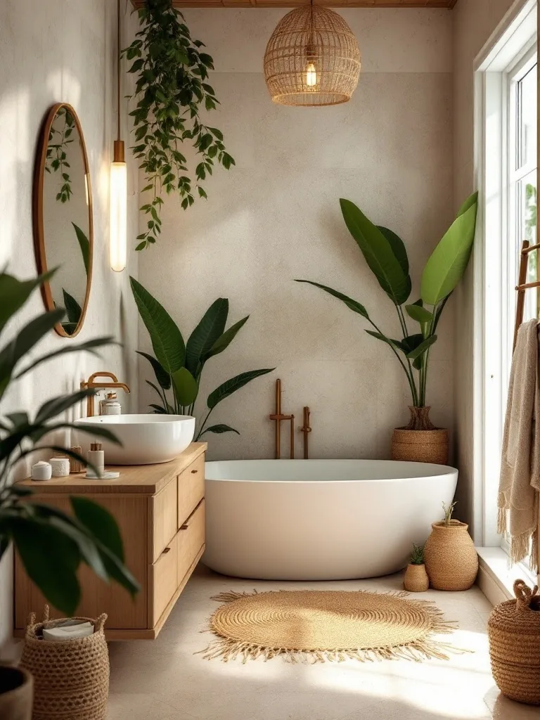 A boho bathroom featuring natural materials, plants, and warm wooden accents.