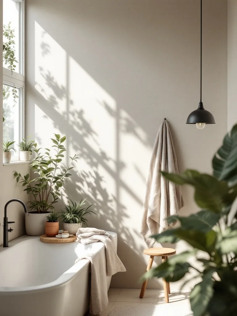 A bright boho bathroom with a bathtub, plants, and a soft towel.