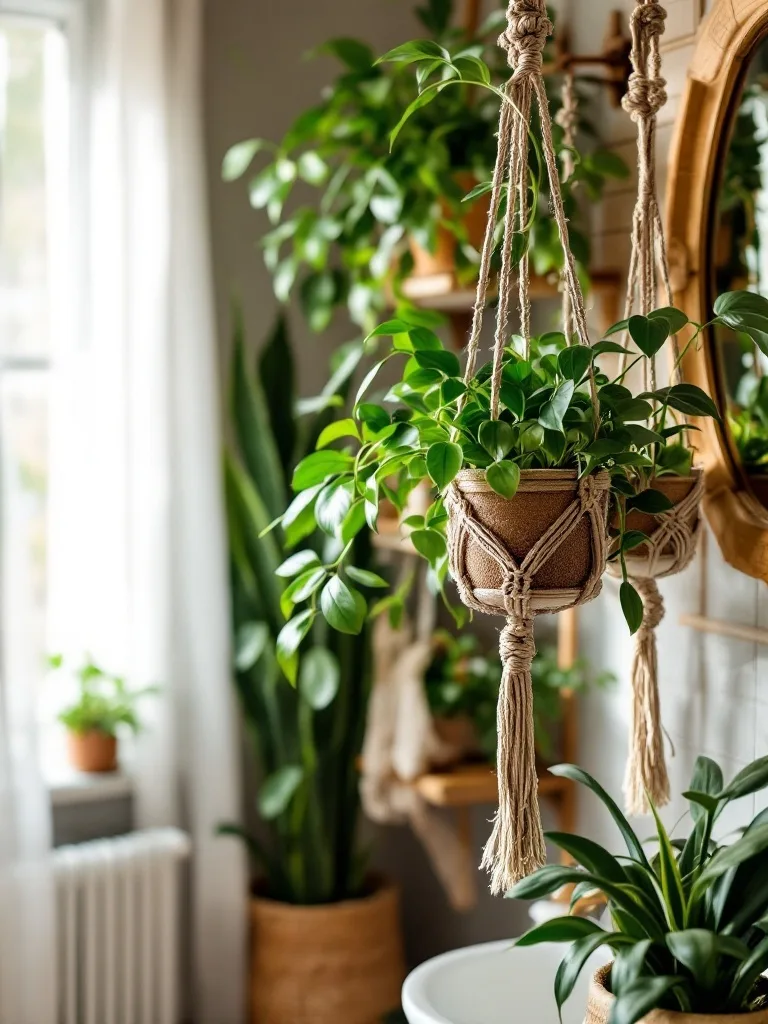 Macrame plant holders with green plants hanging in a stylish bathroom