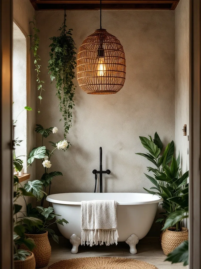 A boho bathroom featuring a wicker light fixture above a freestanding bathtub surrounded by plants.