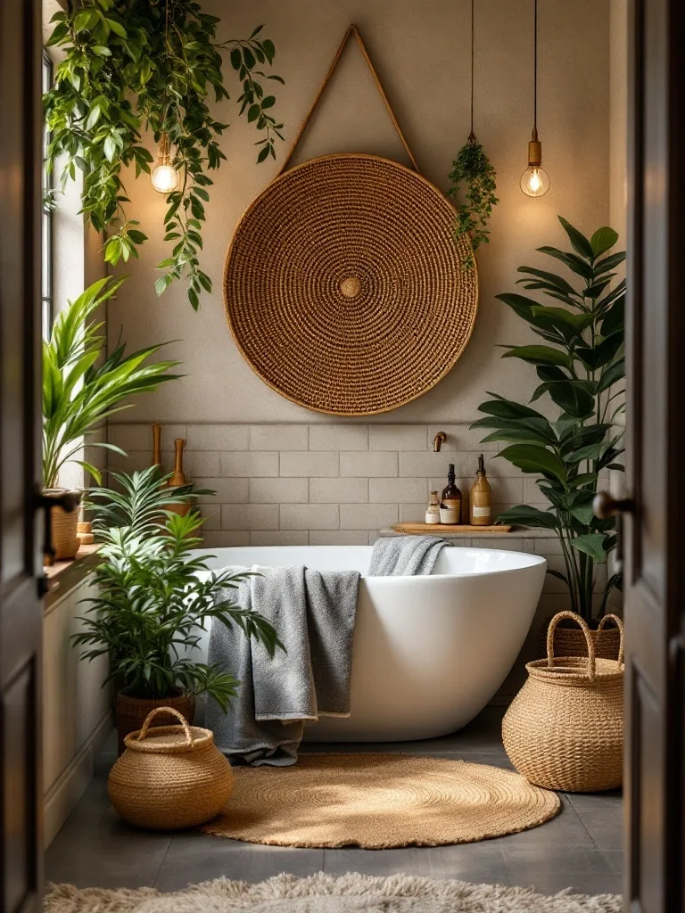 A boho bathroom featuring a white tub, natural woven decor, plants, and brown tones.