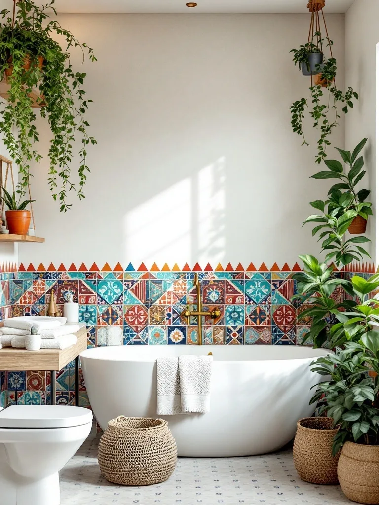 A boho-style bathroom featuring a vibrant tiled accent wall, a white bathtub, and plenty of greenery.