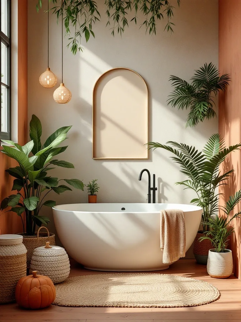 A stylish boho bathroom featuring earthy tones, plants, and natural light.
