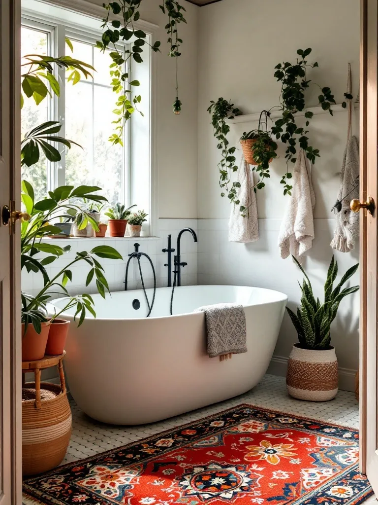 A boho style bathroom featuring a white bathtub, lush plants, and a colorful area rug.