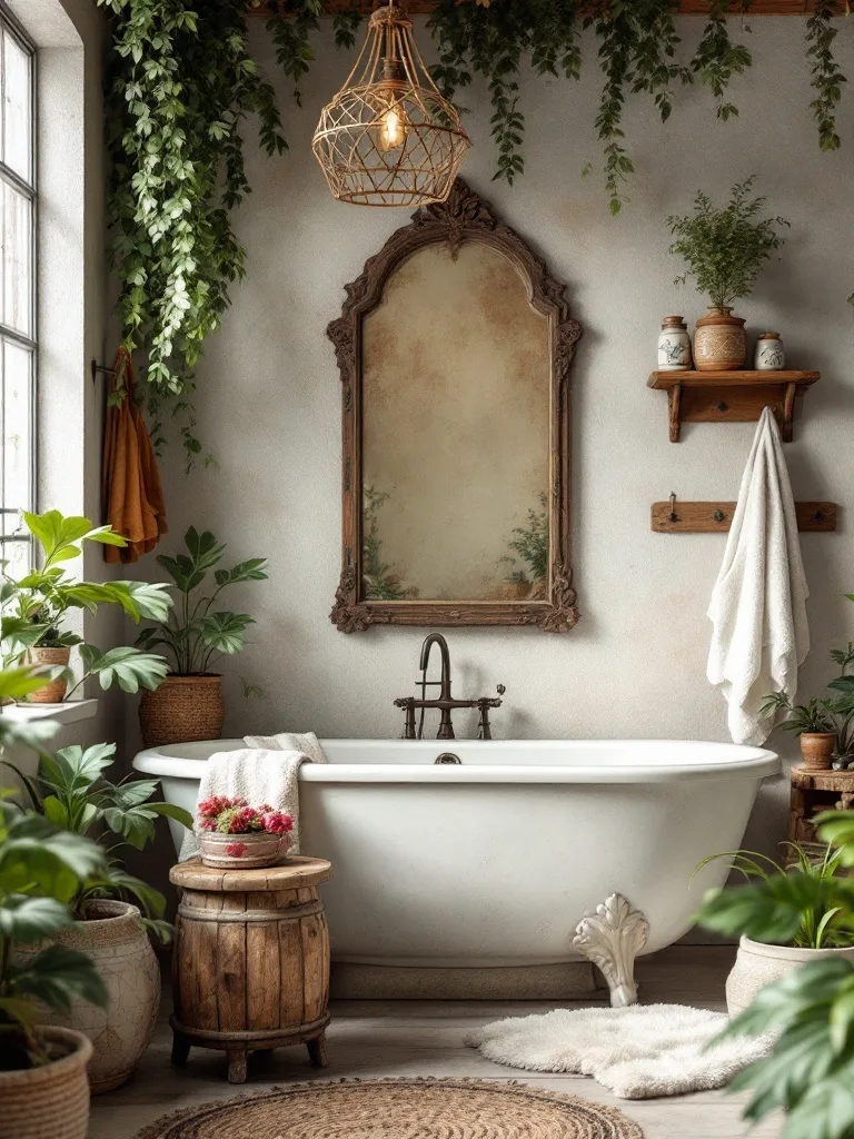 A bohemian bathroom featuring vintage elements like an ornate mirror, wooden stool, and various plants.
