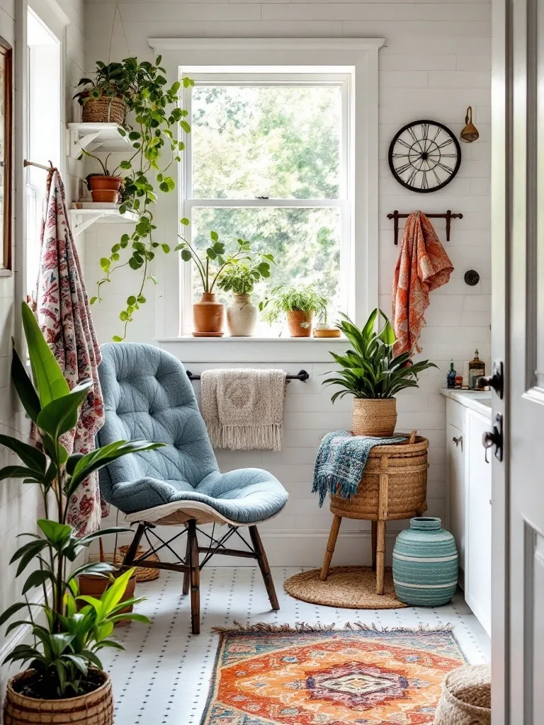 A cozy bathroom with a stylish chair, plants, and warm decor.