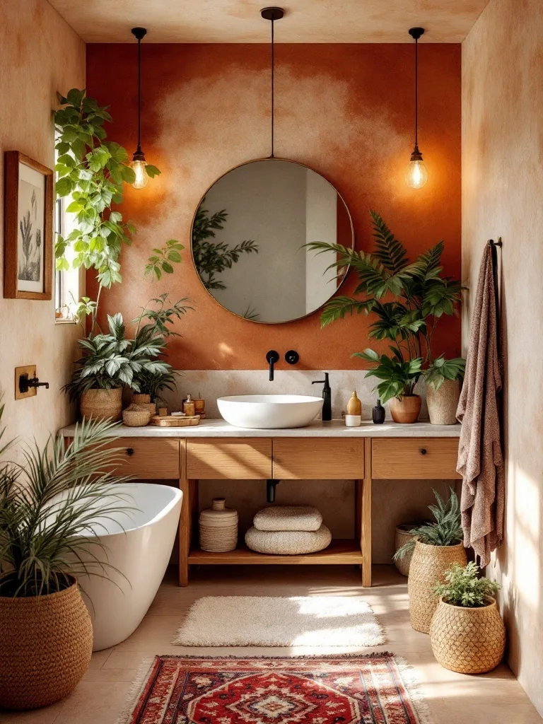 A cozy boho bathroom with terracotta walls, wooden vanity, round mirror, and lush greenery.