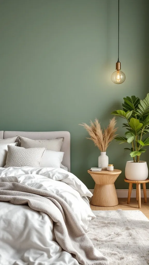 Cozy bedroom featuring a sage green accent wall, light bedding, and natural decor.
