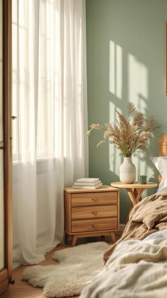 A sage green bedroom featuring natural wood tones with a cozy atmosphere.